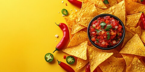 Crunchy tortilla chips surrounded by fresh salsa and vibrant peppers on a yellow backdrop