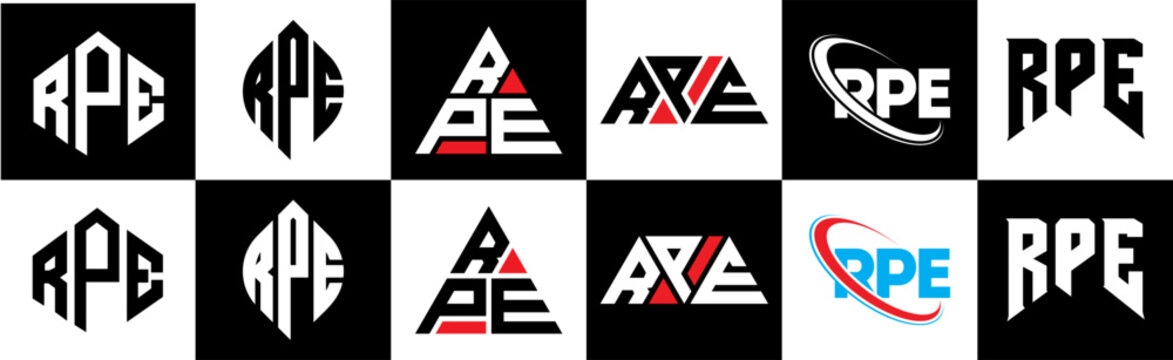 RPE letter logo design in six style. RPE polygon, circle, triangle, hexagon, flat and simple style with black and white color variation letter logo set in one artboard. RPE minimalist and classic logo