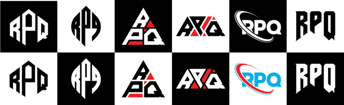 RPQ letter logo design in six style. RPQ polygon, circle, triangle, hexagon, flat and simple style with black and white color variation letter logo set in one artboard. RPQ minimalist and classic logo