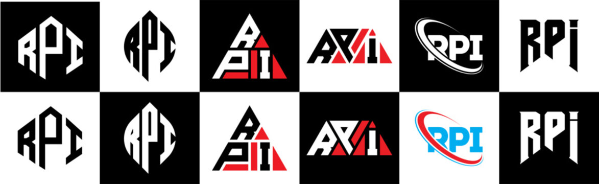 RPI letter logo design in six style. RPI polygon, circle, triangle, hexagon, flat and simple style with black and white color variation letter logo set in one artboard. RPI minimalist and classic logo