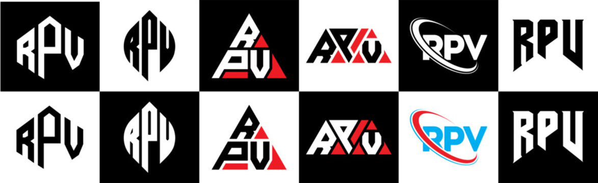RPV letter logo design in six style. RPV polygon, circle, triangle, hexagon, flat and simple style with black and white color variation letter logo set in one artboard. RPV minimalist and classic logo