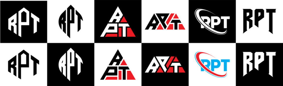 RPT letter logo design in six style. RPT polygon, circle, triangle, hexagon, flat and simple style with black and white color variation letter logo set in one artboard. RPT minimalist and classic logo