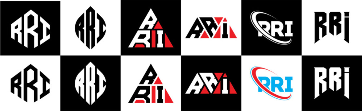 RRI letter logo design in six style. RRI polygon, circle, triangle, hexagon, flat and simple style with black and white color variation letter logo set in one artboard. RRI minimalist and classic logo