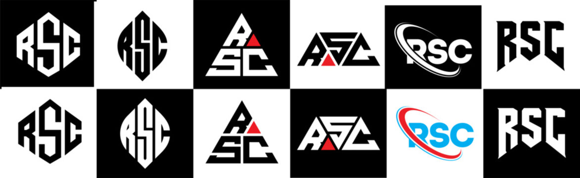 RSC letter logo design in six style. RSC polygon, circle, triangle, hexagon, flat and simple style with black and white color variation letter logo set in one artboard. RSC minimalist and classic logo
