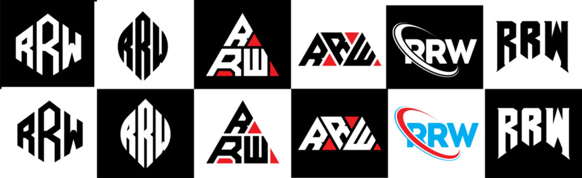 RRW letter logo design in six style. RRW polygon, circle, triangle, hexagon, flat and simple style with black and white color variation letter logo set in one artboard. RRW minimalist and classic logo