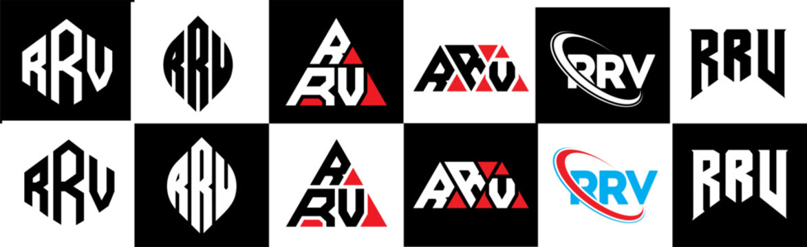 RRV letter logo design in six style. RRV polygon, circle, triangle, hexagon, flat and simple style with black and white color variation letter logo set in one artboard. RRV minimalist and classic logo