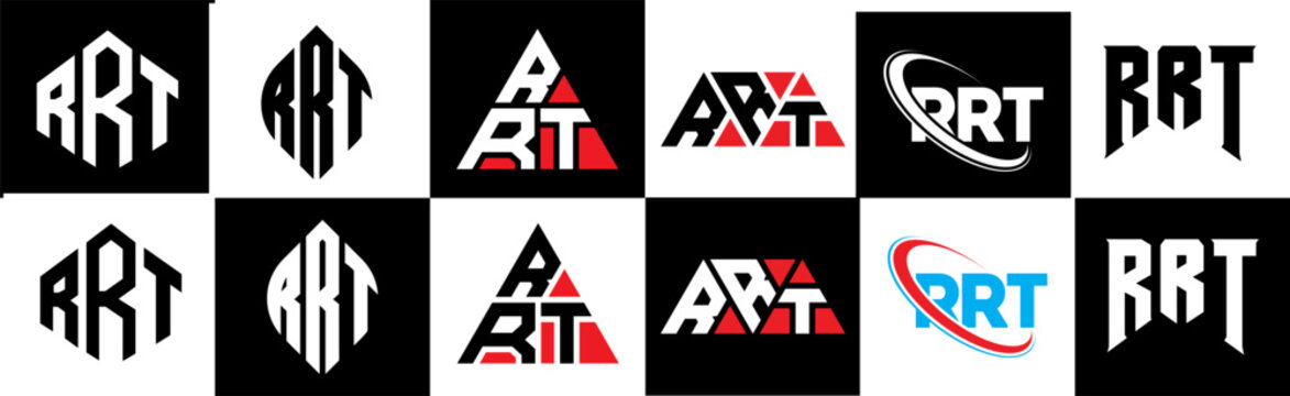 RRT letter logo design in six style. RRT polygon, circle, triangle, hexagon, flat and simple style with black and white color variation letter logo set in one artboard. RRT minimalist and classic logo