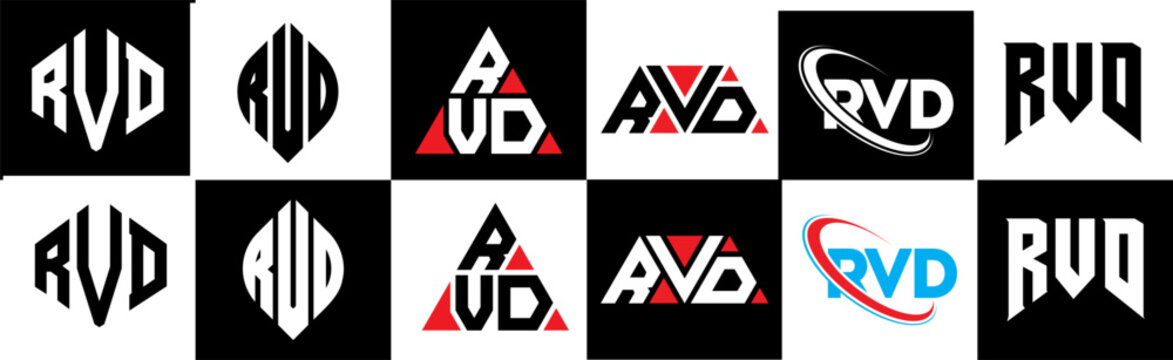 RVD letter logo design in six style. RVD polygon, circle, triangle, hexagon, flat and simple style with black and white color variation letter logo set in one artboard. RVD minimalist and classic logo
