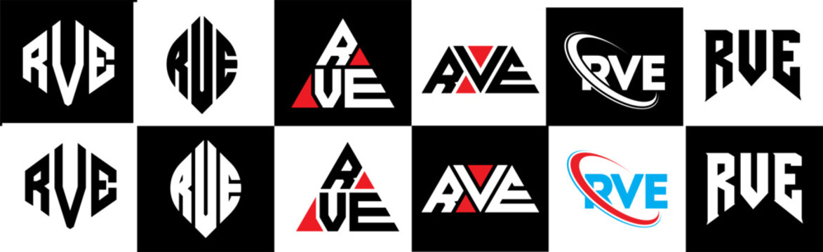 RVE letter logo design in six style. RVE polygon, circle, triangle, hexagon, flat and simple style with black and white color variation letter logo set in one artboard. RVE minimalist and classic logo