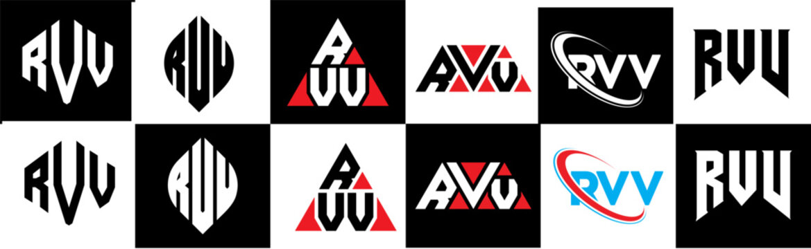 RVV letter logo design in six style. RVV polygon, circle, triangle, hexagon, flat and simple style with black and white color variation letter logo set in one artboard. RVV minimalist and classic logo