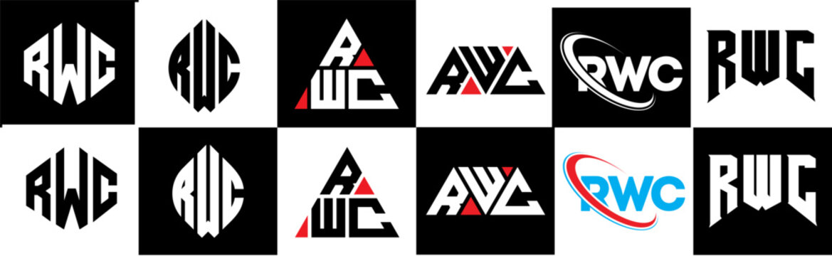 RWC letter logo design in six style. RWC polygon, circle, triangle, hexagon, flat and simple style with black and white color variation letter logo set in one artboard. RWC minimalist and classic logo