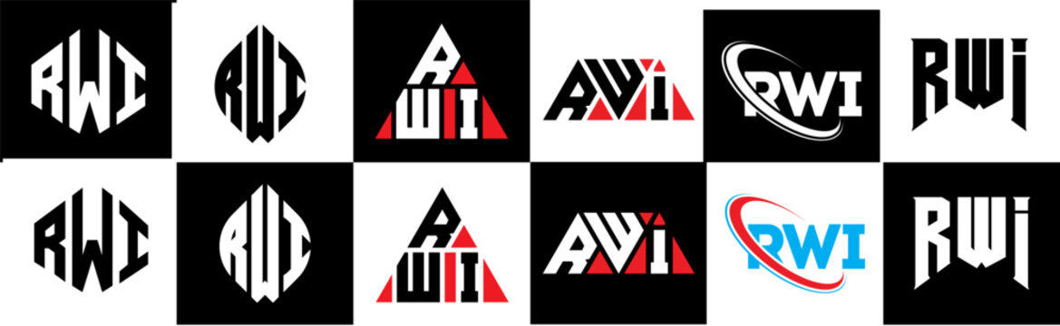 RWI letter logo design in six style. RWI polygon, circle, triangle, hexagon, flat and simple style with black and white color variation letter logo set in one artboard. RWI minimalist and classic logo