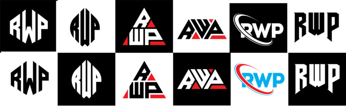 RWP letter logo design in six style. RWP polygon, circle, triangle, hexagon, flat and simple style with black and white color variation letter logo set in one artboard. RWP minimalist and classic logo