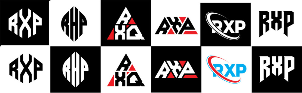 RXP letter logo design in six style. RXP polygon, circle, triangle, hexagon, flat and simple style with black and white color variation letter logo set in one artboard. RXP minimalist and classic logo