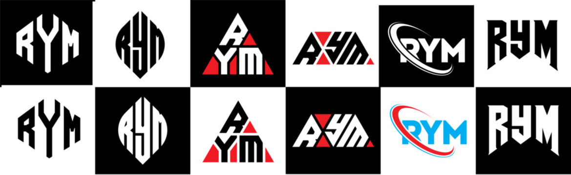 RYM letter logo design in six style. RYM polygon, circle, triangle, hexagon, flat and simple style with black and white color variation letter logo set in one artboard. RYM minimalist and classic logo