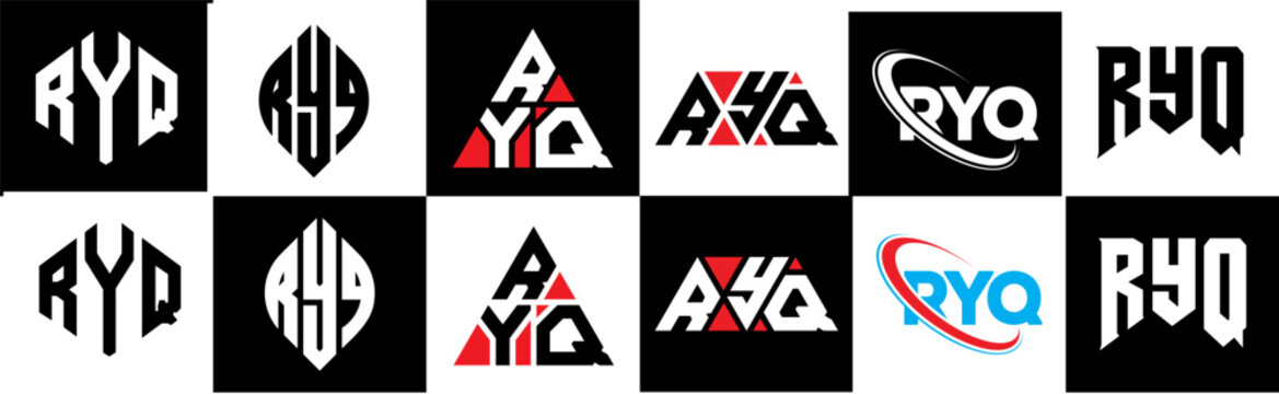 RYQ letter logo design in six style. RYQ polygon, circle, triangle, hexagon, flat and simple style with black and white color variation letter logo set in one artboard. RYQ minimalist and classic logo