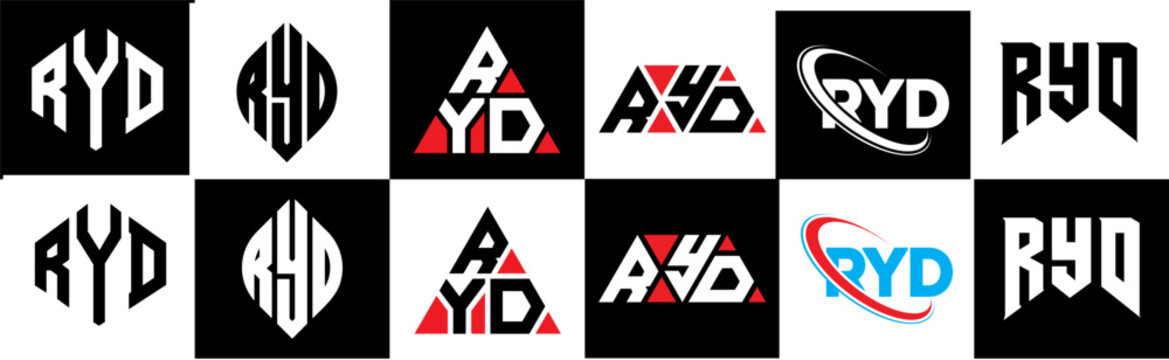 RYD letter logo design in six style. RYD polygon, circle, triangle, hexagon, flat and simple style with black and white color variation letter logo set in one artboard. RYD minimalist and classic logo