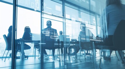 Blurred photograph of a business leader guiding their team during a morning meeting in a modern office