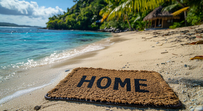 Beautiful beach with welcome mat on sand. A welcome mat with the word home sits on soft sand by a tranquil beach surrounded by lush greenery and calm waters.