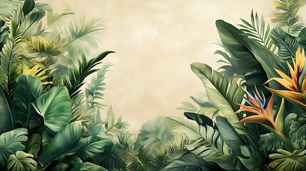 Tropical Foliage with Bird of Paradise Flowers, Tropical foliage with bird of paradise flowers on a beige background