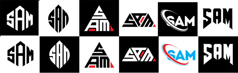 SAM letter logo design in six style. SAM polygon, circle, triangle, hexagon, flat and simple style with black and white color variation letter logo set in one artboard. SAM minimalist and classic logo
