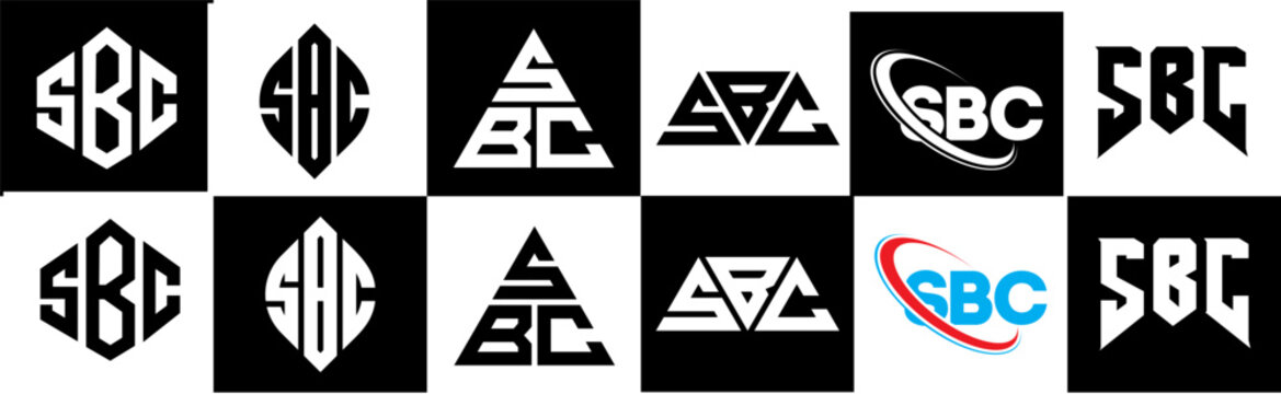 SBC letter logo design in six style. SBC polygon, circle, triangle, hexagon, flat and simple style with black and white color variation letter logo set in one artboard. SBC minimalist and classic logo