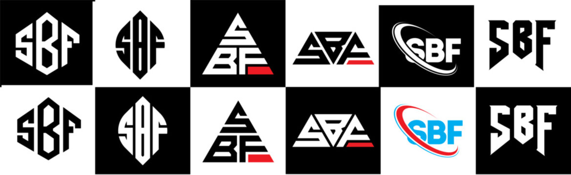 SBF letter logo design in six style. SBF polygon, circle, triangle, hexagon, flat and simple style with black and white color variation letter logo set in one artboard. SBF minimalist and classic logo