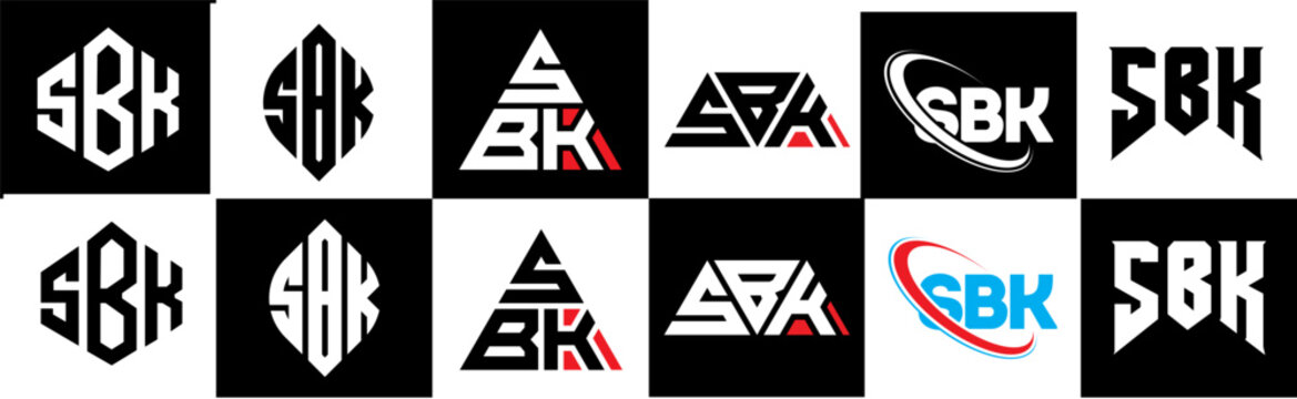 SBK letter logo design in six style. SBK polygon, circle, triangle, hexagon, flat and simple style with black and white color variation letter logo set in one artboard. SBK minimalist and classic logo