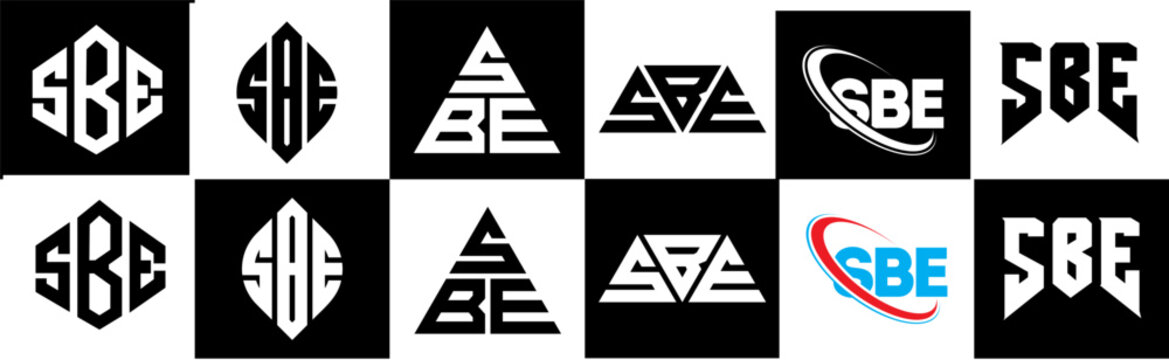 SBE letter logo design in six style. SBE polygon, circle, triangle, hexagon, flat and simple style with black and white color variation letter logo set in one artboard. SBE minimalist and classic logo