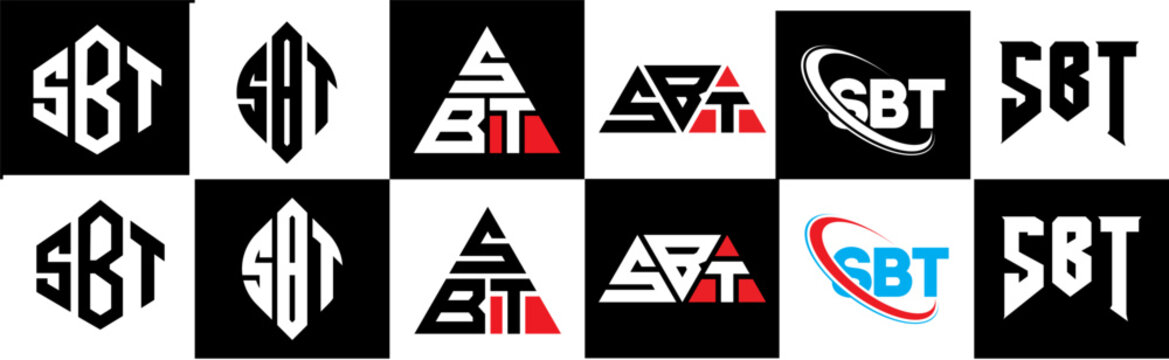 SBT letter logo design in six style. SBT polygon, circle, triangle, hexagon, flat and simple style with black and white color variation letter logo set in one artboard. SBT minimalist and classic logo