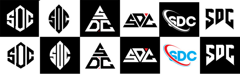 SDC letter logo design in six style. SDC polygon, circle, triangle, hexagon, flat and simple style with black and white color variation letter logo set in one artboard. SDC minimalist and classic logo