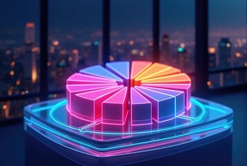 Neon 3D Pie Chart on Glass Platform with Night Skyline Background