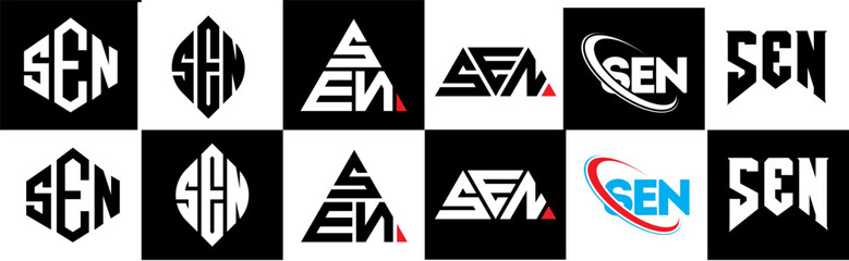SEN letter logo design in six style. SEN polygon, circle, triangle, hexagon, flat and simple style with black and white color variation letter logo set in one artboard. SEN minimalist and classic logo © mamun25g