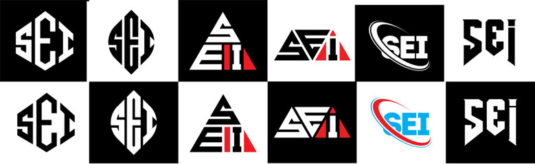 SEI letter logo design in six style. SEI polygon, circle, triangle, hexagon, flat and simple style with black and white color variation letter logo set in one artboard. SEI minimalist and classic logo