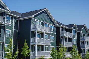 Fototapeta premium an apartment complex with three stories and each floor having two beautiful dark green-colored vinyl siding facades A clear blue sky above adds depth to the scene Generative AI