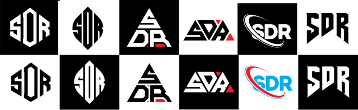 SDR letter logo design in six style. SDR polygon, circle, triangle, hexagon, flat and simple style with black and white color variation letter logo set in one artboard. SDR minimalist and classic logo