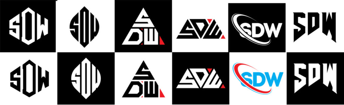 SDW letter logo design in six style. SDW polygon, circle, triangle, hexagon, flat and simple style with black and white color variation letter logo set in one artboard. SDW minimalist and classic logo