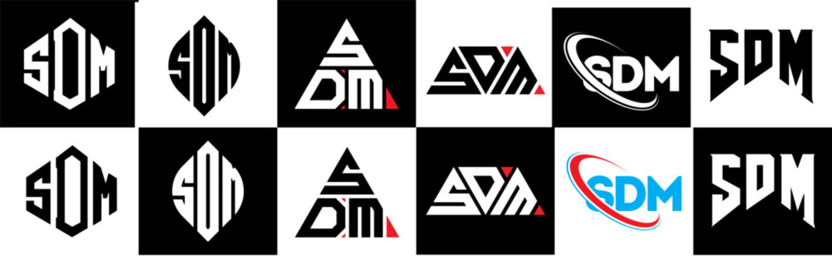 SDM letter logo design in six style. SDM polygon, circle, triangle, hexagon, flat and simple style with black and white color variation letter logo set in one artboard. SDM minimalist and classic logo