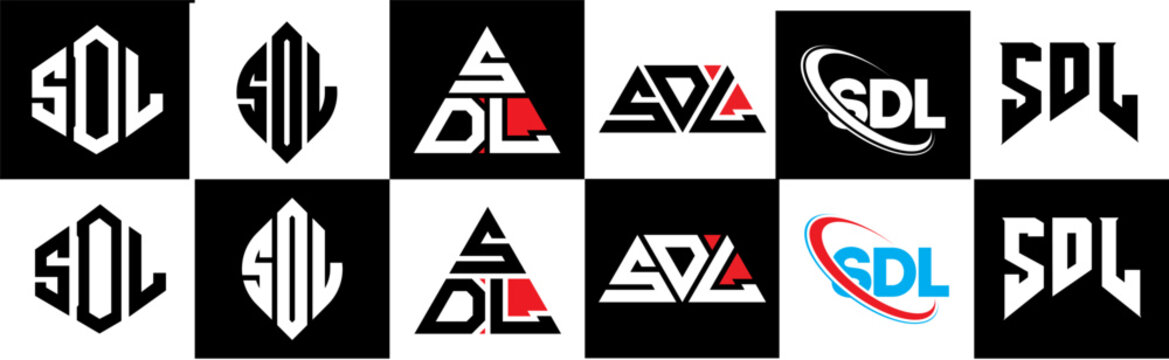 SDL letter logo design in six style. SDL polygon, circle, triangle, hexagon, flat and simple style with black and white color variation letter logo set in one artboard. SDL minimalist and classic logo