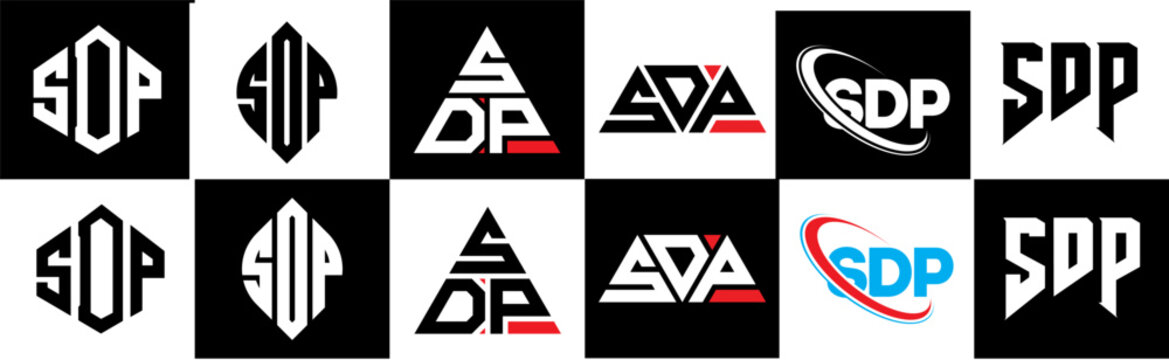 SDP letter logo design in six style. SDP polygon, circle, triangle, hexagon, flat and simple style with black and white color variation letter logo set in one artboard. SDP minimalist and classic logo