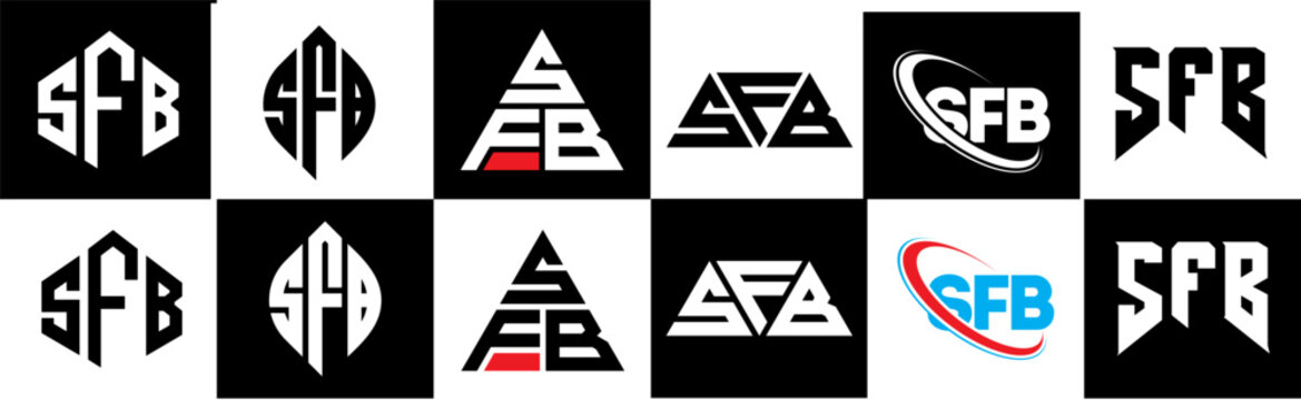 SFB letter logo design in six style. SFB polygon, circle, triangle, hexagon, flat and simple style with black and white color variation letter logo set in one artboard. SFB minimalist and classic logo