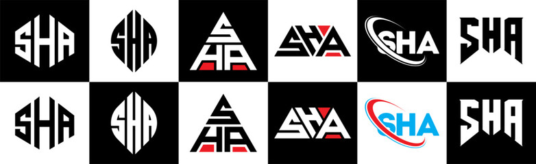 SHA letter logo design in six style. SHA polygon, circle, triangle, hexagon, flat and simple style with black and white color variation letter logo set in one artboard. SHA minimalist and classic logo