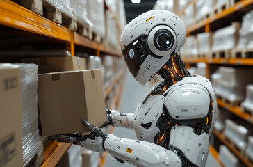 Fototapeta premium Robot sorting packages in a warehouse. A humanoid robot organizes boxes on shelves in a modern warehouse during daytime operations.