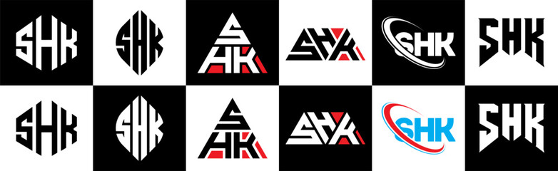 SHK letter logo design in six style. SHK polygon, circle, triangle, hexagon, flat and simple style with black and white color variation letter logo set in one artboard. SHK minimalist and classic logo