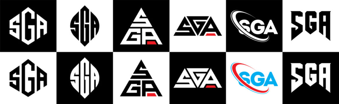 SGA letter logo design in six style. SGA polygon, circle, triangle, hexagon, flat and simple style with black and white color variation letter logo set in one artboard. SGA minimalist and classic logo