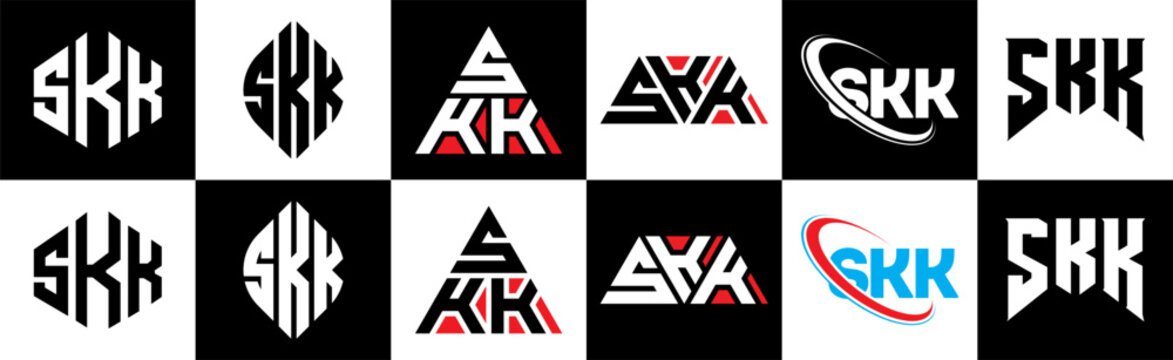 SKK letter logo design in six style. SKK polygon, circle, triangle, hexagon, flat and simple style with black and white color variation letter logo set in one artboard. SKK minimalist and classic logo