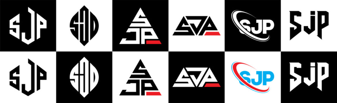 SJP letter logo design in six style. SJP polygon, circle, triangle, hexagon, flat and simple style with black and white color variation letter logo set in one artboard. SJP minimalist and classic logo