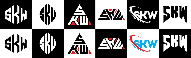 SKW letter logo design in six style. SKW polygon, circle, triangle, hexagon, flat and simple style with black and white color variation letter logo set in one artboard. SKW minimalist and classic logo