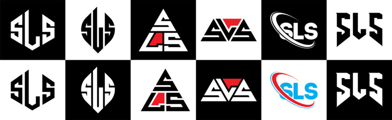 SLS letter logo design in six style. SLS polygon, circle, triangle, hexagon, flat and simple style with black and white color variation letter logo set in one artboard. SLS minimalist and classic logo