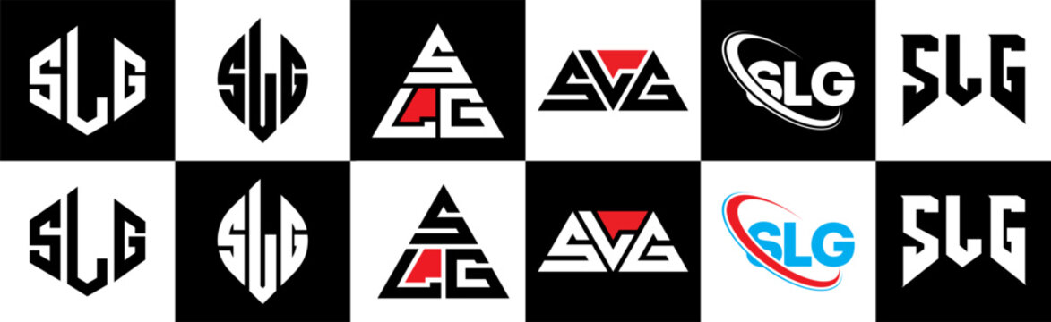 SLG letter logo design in six style. SLG polygon, circle, triangle, hexagon, flat and simple style with black and white color variation letter logo set in one artboard. SLG minimalist and classic logo